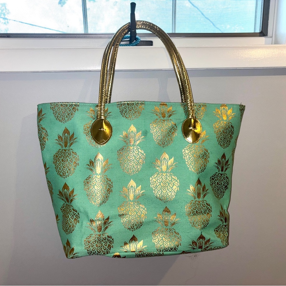 Large Gold & Teal Pineapple Tote Bag w/ Shoulder Straps